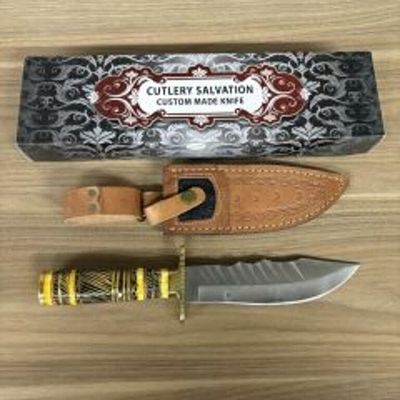 Large Fixed Blade Bowie Knife With Decorated Carved Handle, Leather Sheath And Box 12"