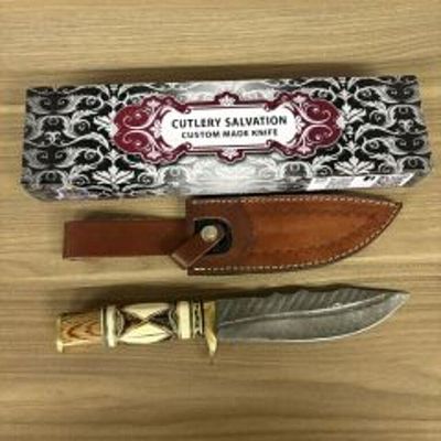 Custom Damascus Fixed Blade Knife With Decorated Handle, Leather Sheath And Box 12"