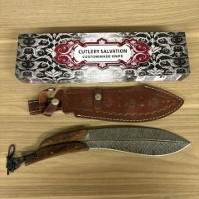 Custom Kukri Style Damascus Steel Fixed Blade Knife With Split Design Wooden Handle, Leather 