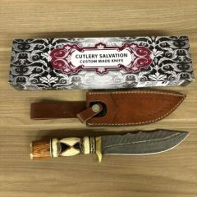 Custom Damascus Fixed Blade Knife With Decorated Handle, Leather Sheath And Box 12"