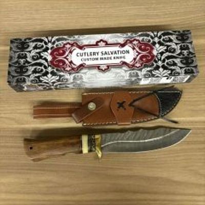 Custom Damascus Fixed Blade Knife With Decorated Handle, Leather Sheath And Box 12"