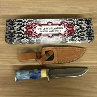 Custom Damascus Fixed Blade Knife With Decorated Bone Handle, Leather Sheath And Box 12"