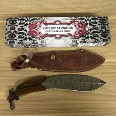 Custom Kukri Style Damascus Fixed Blade Knife With Split Design Wooden Handle, Leather Sheath 