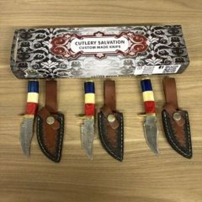 Lot Of 3 Custom Damascus Fixed Blade Knives With Leather Sheaths, Box. 6.5"