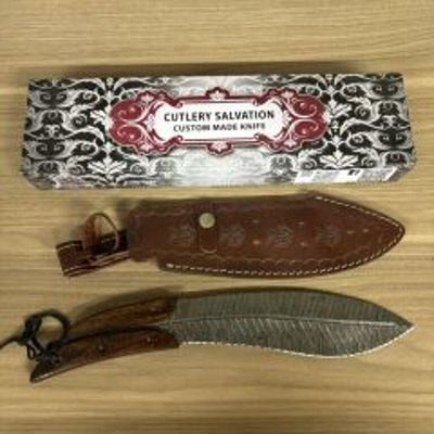 Custom Kukri Style Damascus Fixed Blade Knife With Split Design Wooden Handle, Leather Sheath 