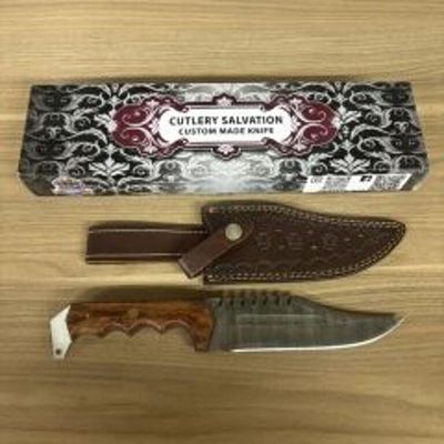 Custom Damascus Fixed Blade With Wooden Handle, Leather Sheath And Box 11.5"