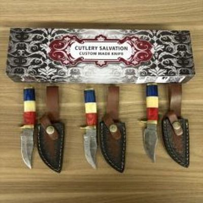 Lot Of 3 Custom Damascus Fixed Blade Knives With Leather Sheaths, Box. 6.5"
