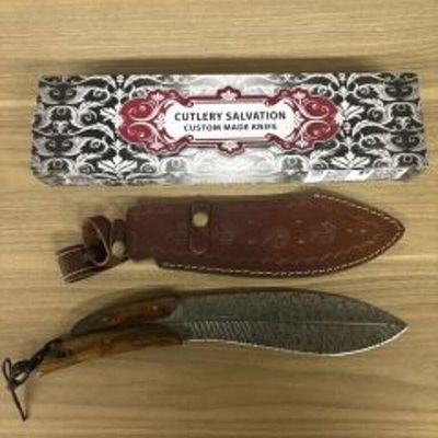 Custom Kukri Style Damascus Fixed Blade Knife With Split Design Wooden Handle, Leather Sheath 