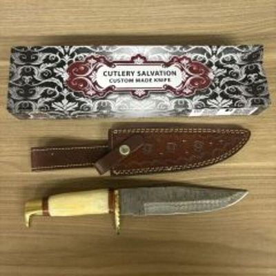 Custom Damascus Fixed Blade Knife With Decorated Handle, Leather Sheath And Box 12"