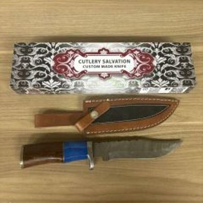Custom Damascus Fixed Blade Knife With Decorated Handle, Leather Sheath And Box 12"