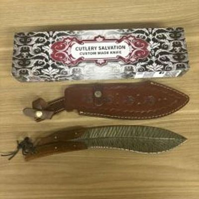 Custom Kukri Style Damascus Fixed Blade Knife With Split Design Wooden Handle, Leather Sheath 