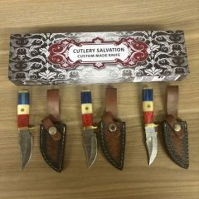 Lot Of 3 Custom Damascus Fixed Blade Knives With Leather Sheaths, Box. 6.5"