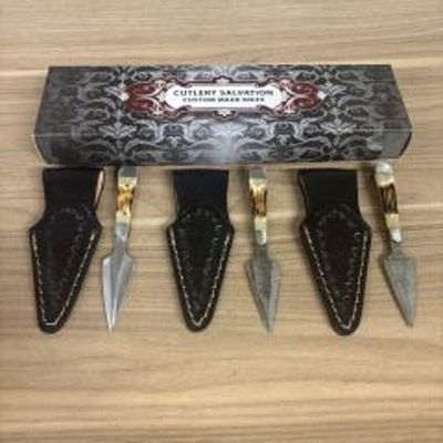 Lot Of 3 Custom Fixed Blade Daggers With Decorated Handle Including Pair Of Damascus Daggers 