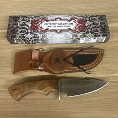 Custom Made Damascus Fixed Blade Knife With Wooden Handle, Leather Sheath And Box 10"
