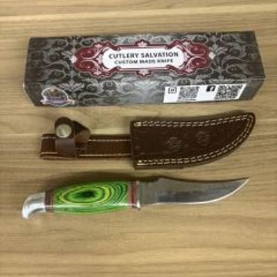 Custom Fixed Blade Knife With Decorated Green Handle, Leather Sheath And Box 9"