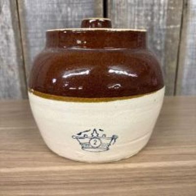 Vintage Robinson Ransbottom Stoneware Bean Pot With Blue Crown #2 - Lid. 8"