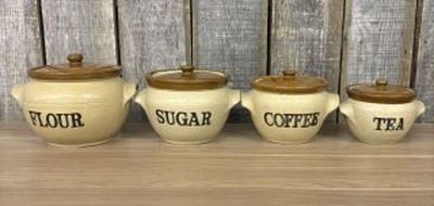 Moira Stoneware Pottery Kitchen Graduated Flour, Sugar, Coffee, Tea Set - Made In England 10"X8"