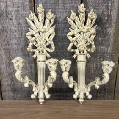 Vintage Mid-Century Distressed White Resin Candle Sconces 8"X16"