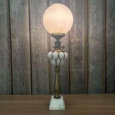 Vintage Decorated White Glass Table Lamp With Brass On A Marble Base 8"X29"