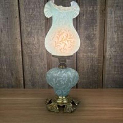 Fenton Wright Blue Opalescent Decorated Gone With The Wind Style Lamp 6"X20"