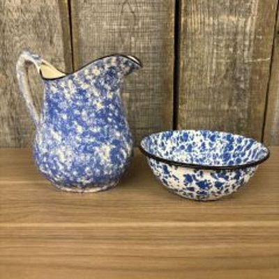 Blue Spongeware Pottery Pitcher With Enameled Graniteware Bowl (7"X7")
