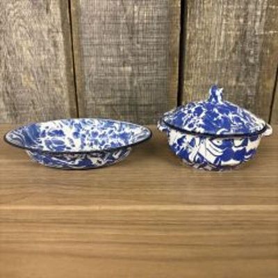 Pair Of Cobalt Swirl Enamelware Serving Bowl - Dutch Oven 5.5"X4"