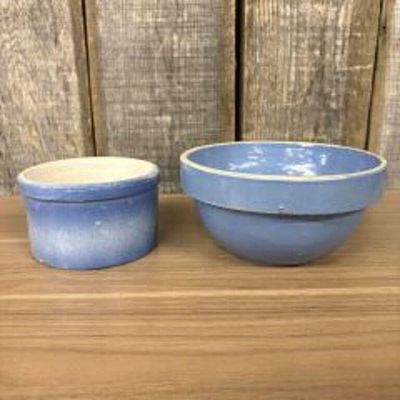 Pair Of Blue Stoneware Pottery Crock Bowls - Butter Keeper 6"X4"