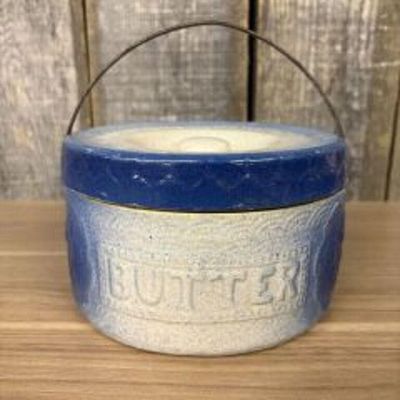 Antique Blue - White Salt-Glazed Stoneware Butter Crock And Wire Bail Handle 7"X7"