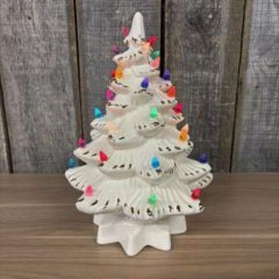Vintage White Ceramic Christmas Tree - Multicolor Lights 8"X13"