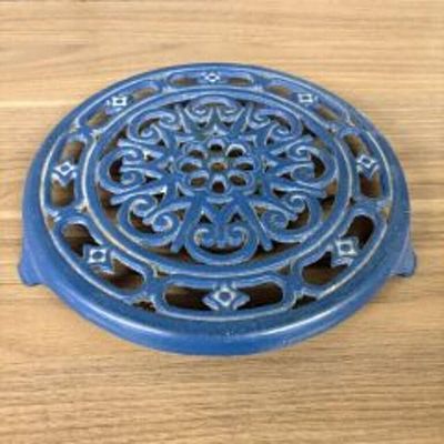 Vintage Blue Cast Iron Trivet 9"