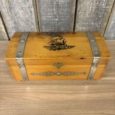 Vintage Cedar Clipper Ship Decorated Trinket Box 6"X13"X6"