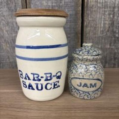 Vintage Stoneware Bar-B-Q Sauce Crock And BB Pottery Jam Crock With Lids 4"X7"