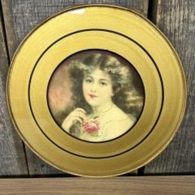 Round Gold Framed Portrait Of Woman 10"