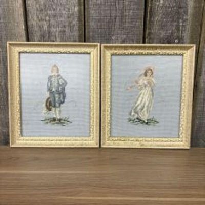 Set Of Vintage Framed Needlepoint Artworks Depicting The Blue Boy And Pinkie 12"X14"