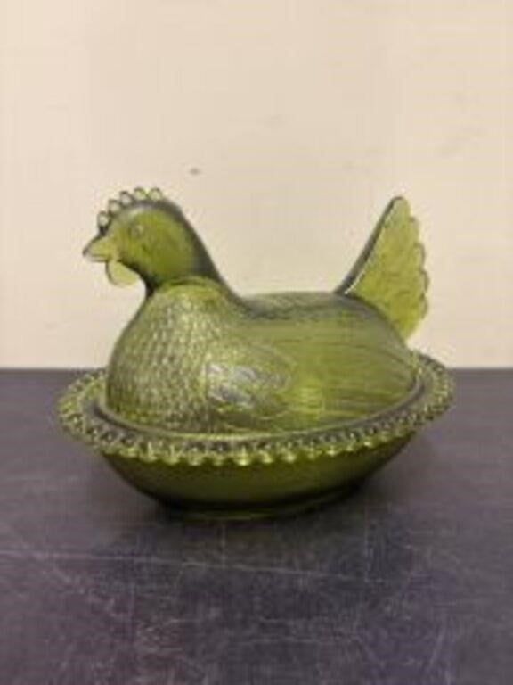 Lot 530: Indiana Glass Olive Green Hen On Nest Covered...