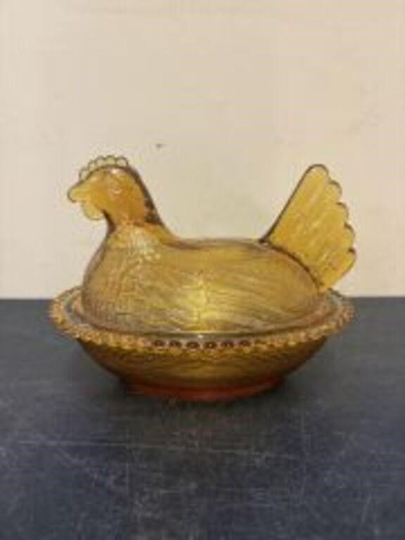 Lot 531: Indiana Glass Amber Hen On Nest Covered Candy...