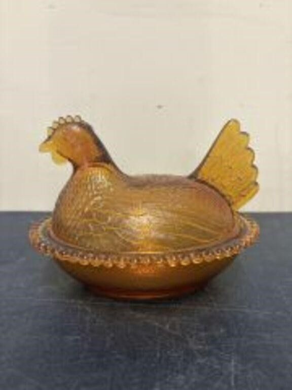 Lot 533: Indiana Glass Amber Hen On Nest Covered Candy...