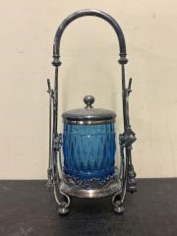 Lot 542: Antique Victorian Blue Glass Pickle Castor 5"X12"