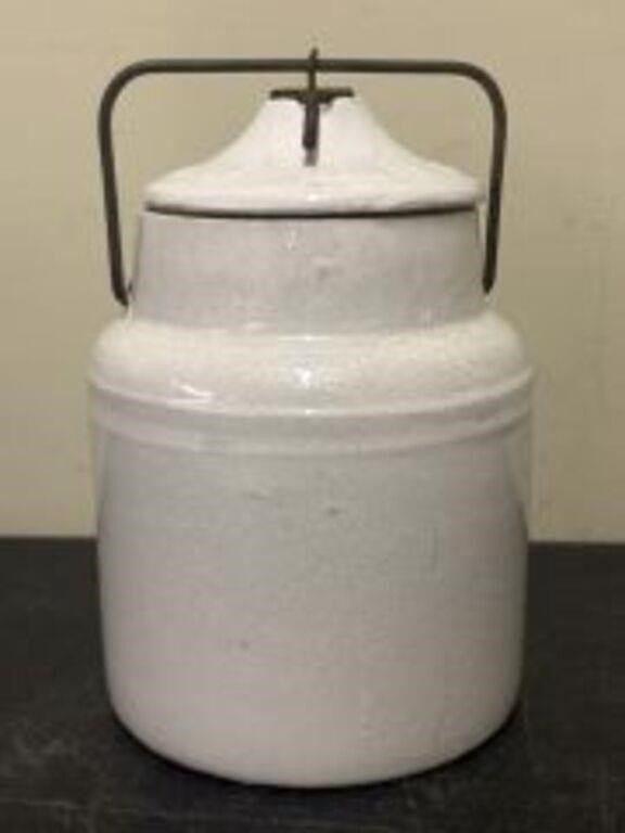 Lot 553: Antique Western Stoneware Lidded Canning Jar 5.5"X8"