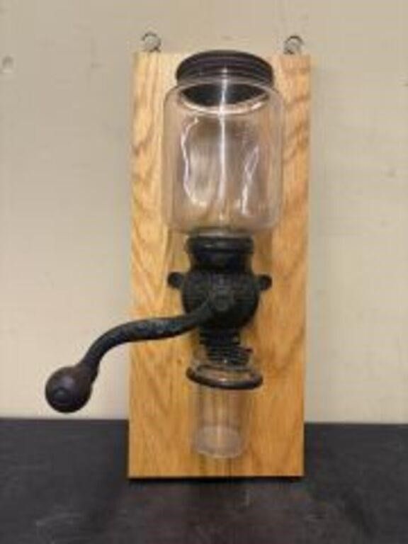 Lot 590: Antique Arcade Style Wall Mounted Coffee Grinder 8"X18"X8"