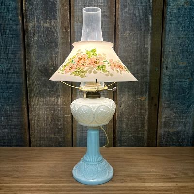 Vintage Blue & White Milk Glass Hurricane Electrified Lamp With Hand Painted Shade, a style. Vint 
