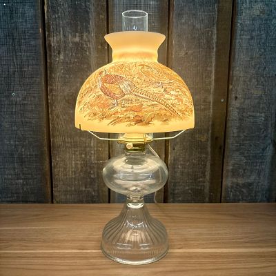 Hurricane Style Parlor Lamp With Game Bird Decorated Frosted Glass Style Shade - 8"x 19"