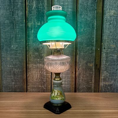Banquet or Parlor Lamp With Decorated Glass Base And Green Glass Shade - 7"x 20.5"