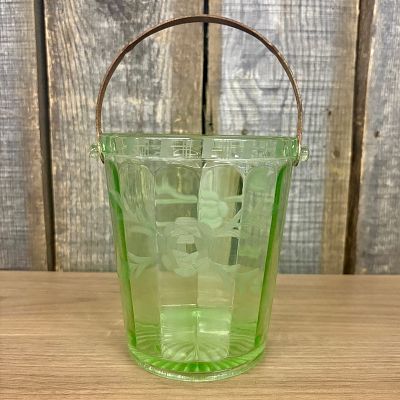 Vintage Green Uranium Glass Ice Bucket, a popular item from the Depression Glass era (roughly 