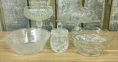 Assorted Collection of Vintage Clear Pressed Glassware, likely dating from the mid-20th century 