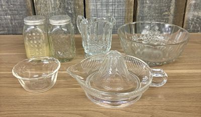 Collection Of Early Kitchen Glassware Including Juicer, Salt and Pepper Shakers, Creamer etc. - 