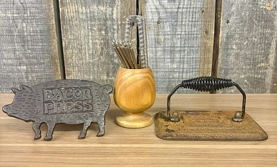 Pig Shaped Bacon Press, Nutcracker Set in Turned Wooden Cup, Cracker Barrel Rectangular Grill 