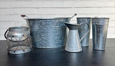 Lot Of Galvanized Metal Planters, Pitcher And Decoration 18"X9"