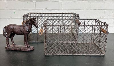 Pair Of Wooden Handled Wire Baskets With Horse Statue Decoration 9"X14"X7"