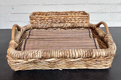 Woven Wicker Basket Tray With Divided Bin And Placemats 14"X19"X7"